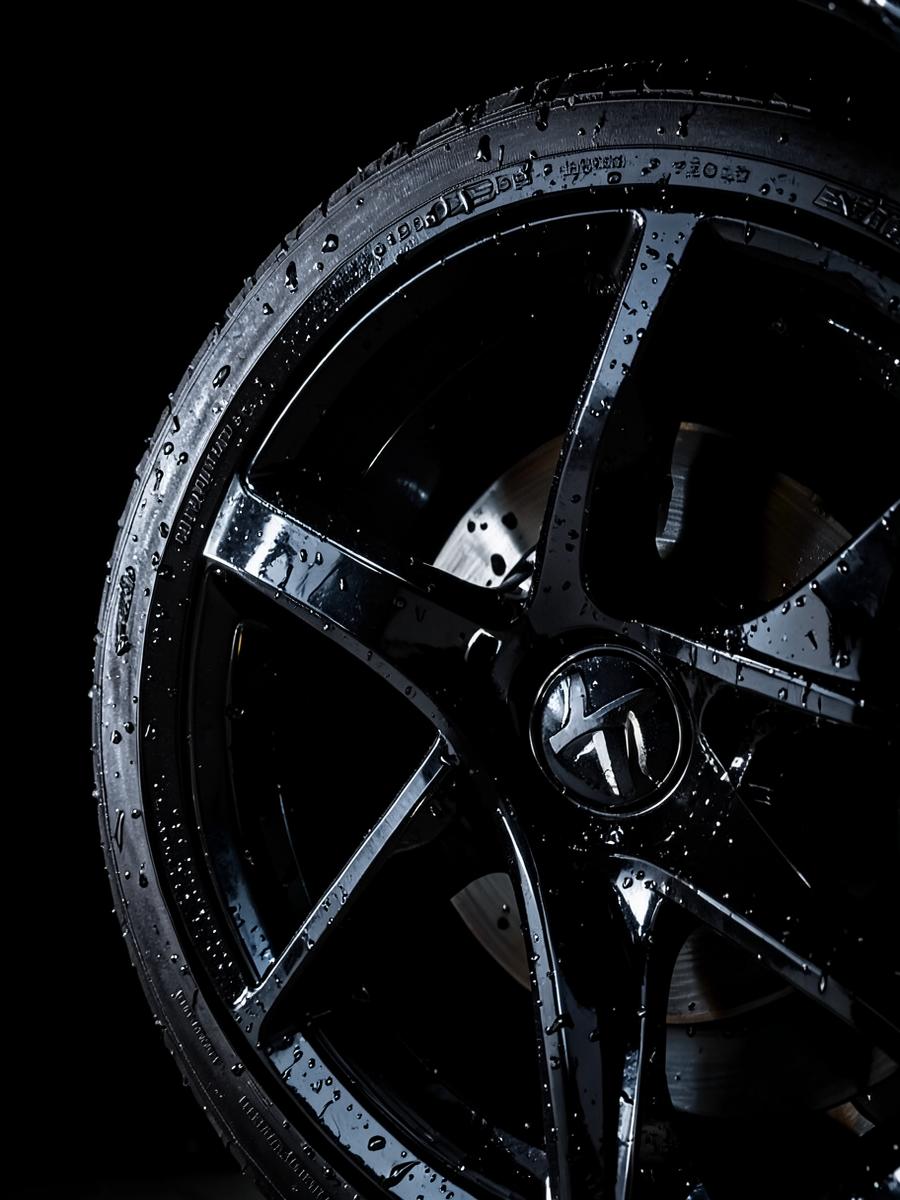 Detailed dark alloy wheel with water beading on gloss black spokes